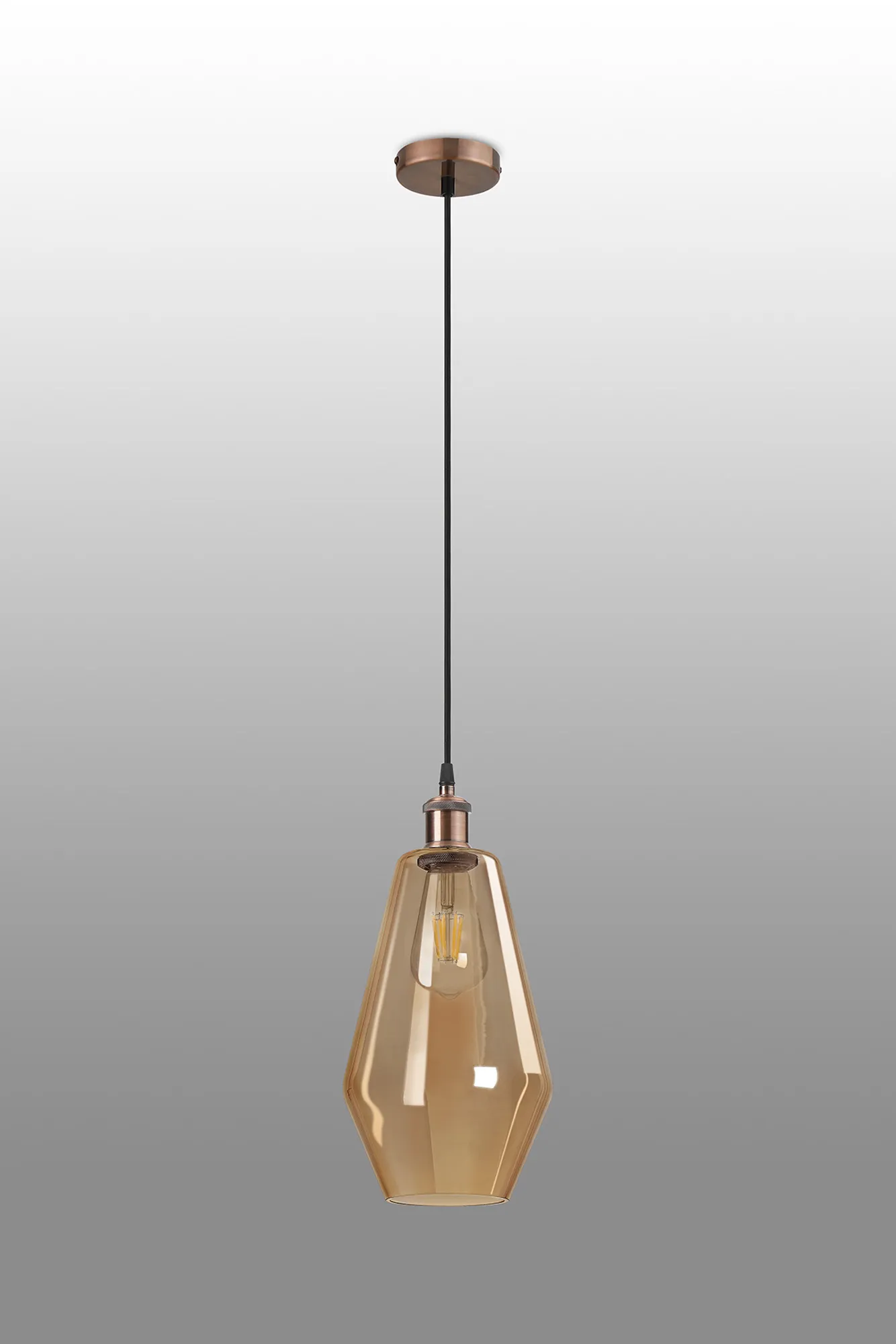 Cawdor Single Pendant, 1 Light E27, Antique Copper/Black/Amber Kite Glass DK1133  Deco Cawdor